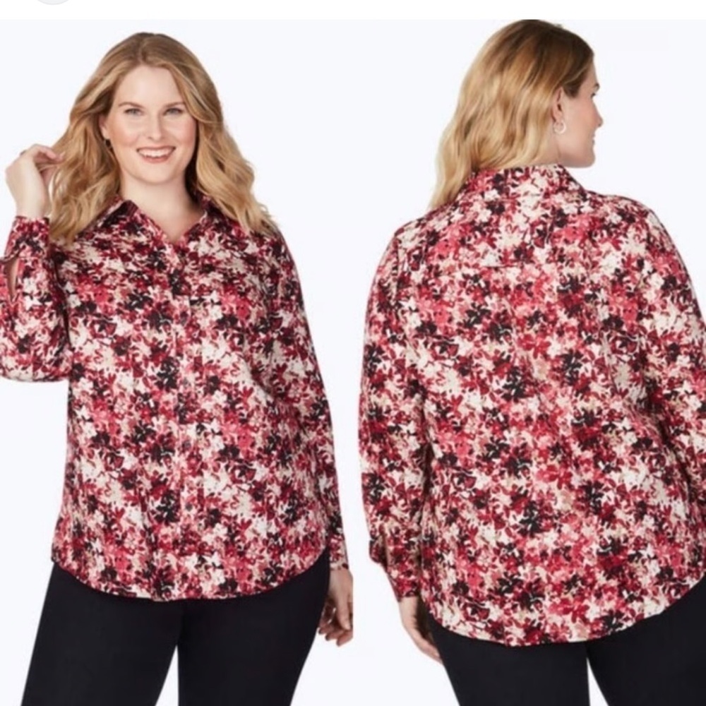 Foxcroft Ara Floral Button Down Shirt women 20W Pink Black non iron casual boho